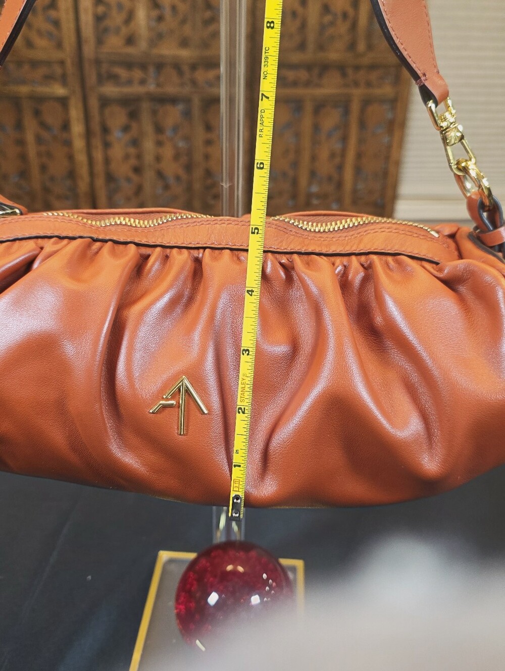 Manu Atelier Cognac Ruched Leather Shoulder Bag - Picture 15 of 16